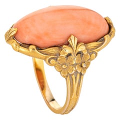 Antique Art Nouveau Coral Ring Vintage 14k Yellow Gold Oval Flowers Fine Jewelry