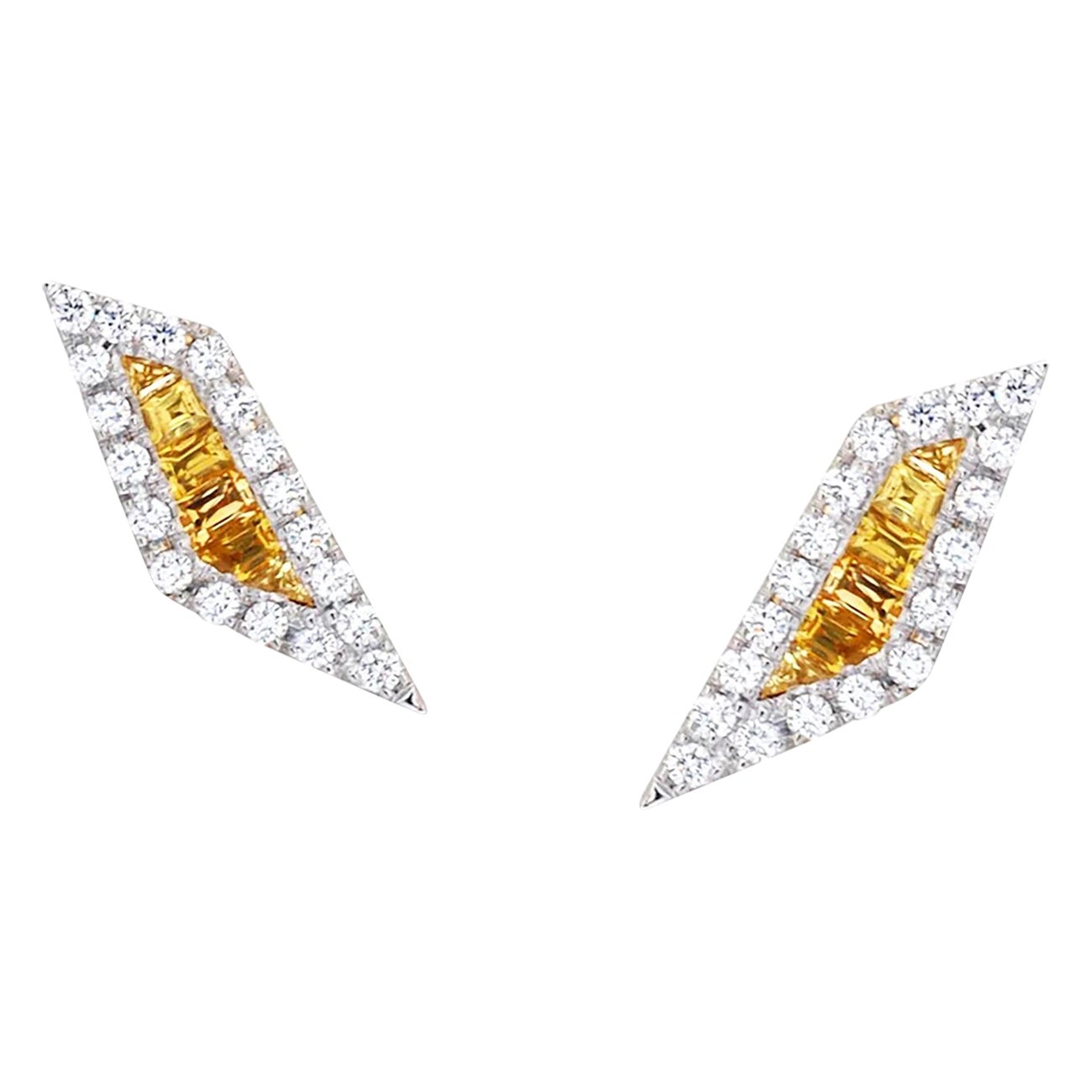 Origami Palm Leaf Yellow Sapphire, Diamond Stud Earrings 18K Gold