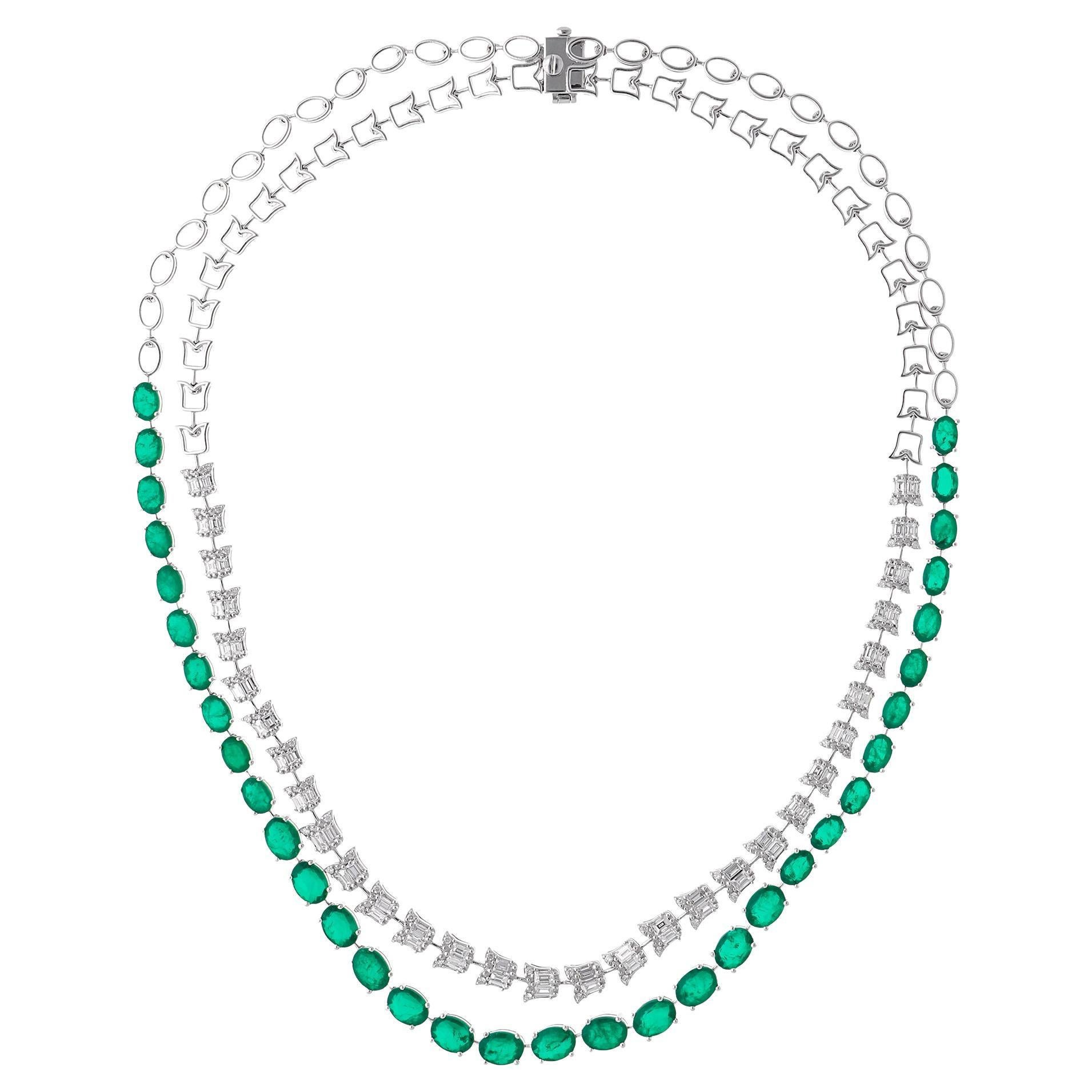 Oval Shape Emerald Gemstone Fine Necklace Baguette Diamond 18 Karat White Gold