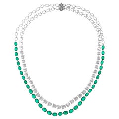 Oval Shape Green Gemstone Fine Necklace Baguette Diamond 18 Karat White Gold