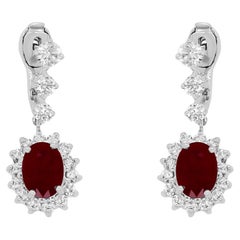 2.73 Carat Oval Ruby and Diamond Halo Sun Drop Dangle Earrings 14K White Gold