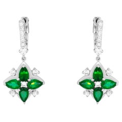 Pear Emerald and Round Diamond Dangle Huggie Flower Earrings 14K White Gold