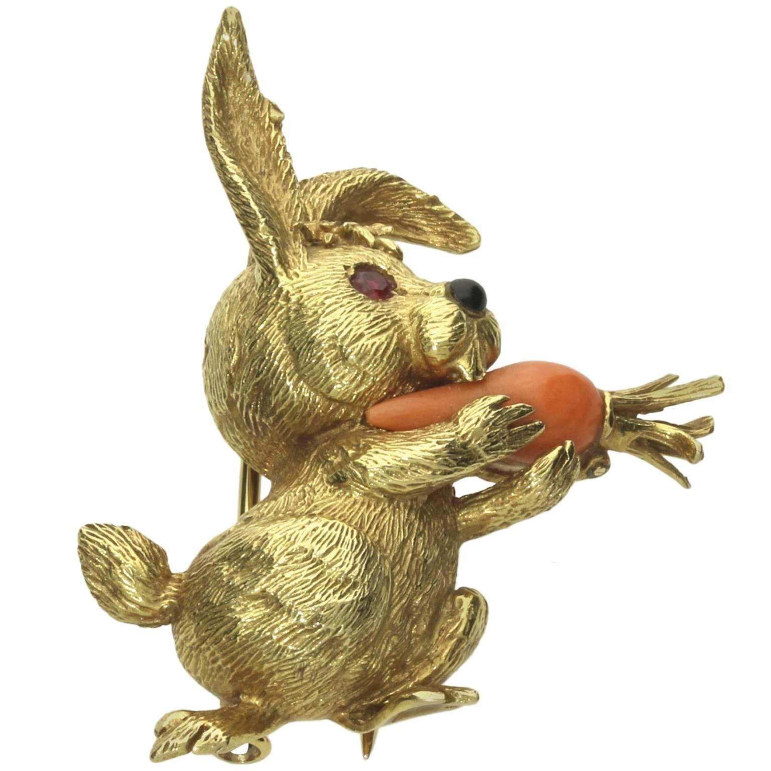 1960s Cartier Charming Coral Gold Rabbit Brooch 