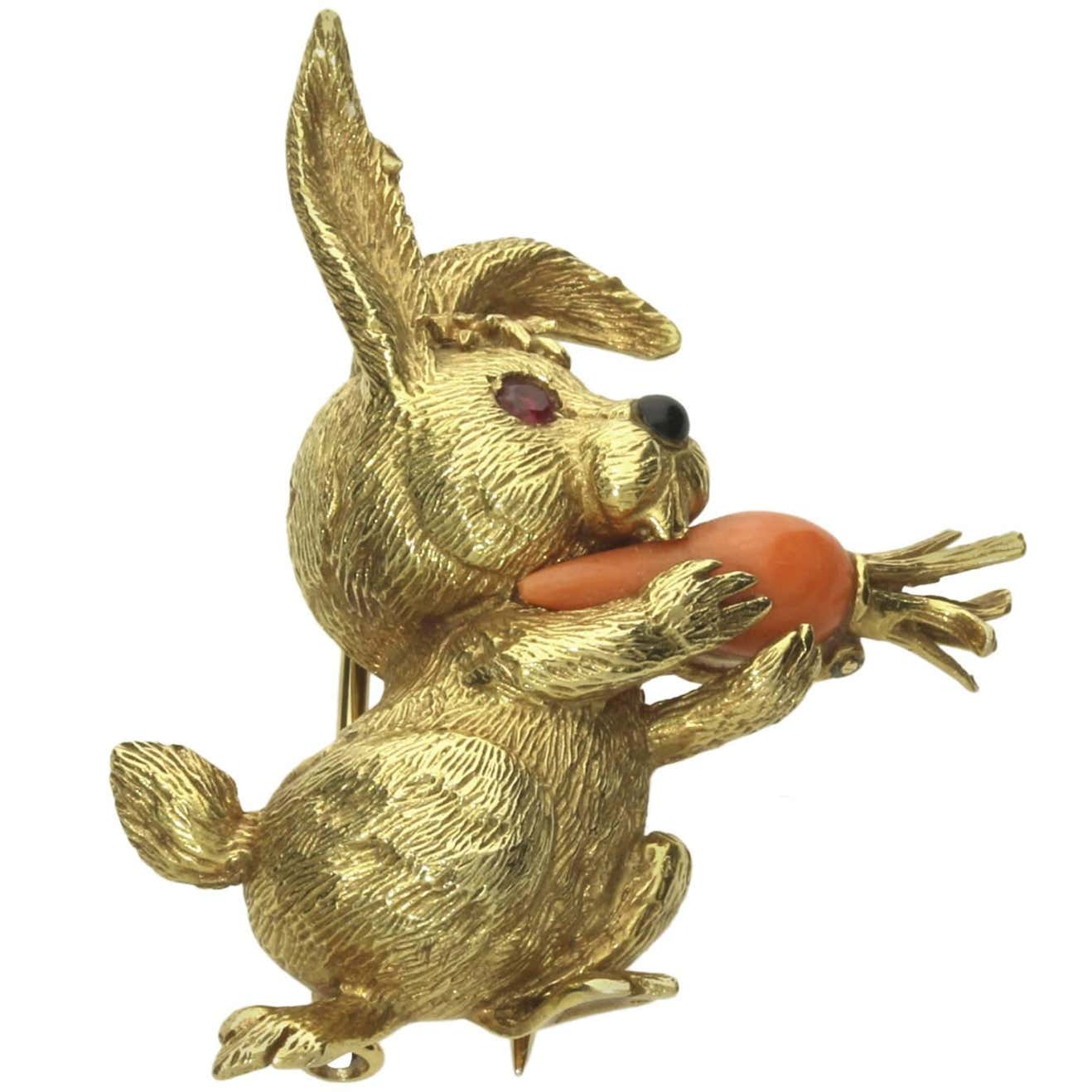 1960s Cartier Charming Coral Gold Rabbit Brooch at 1stDibs