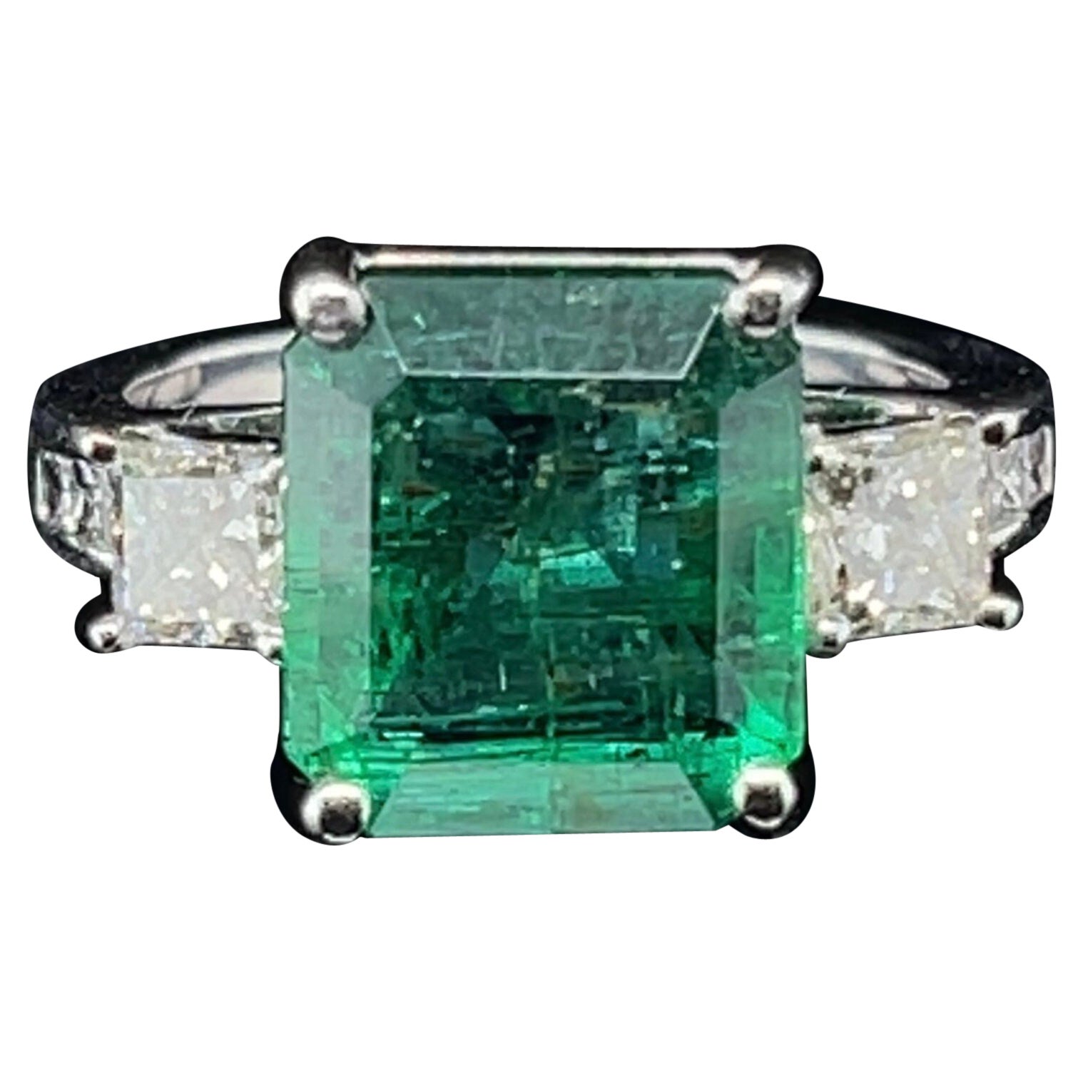 For Sale:  4 Carat Emerald Cut Emerald Diamond Engagement Ring, Halo Diamond 18K Gold Ring