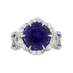Round Tanzanite Diamond Halo Cocktail Fashion Ring 18K White Gold