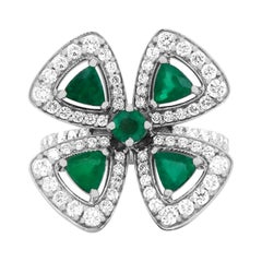 Trillion Emerald Diamond Floral Abstract Fashion Ring 14K White Gold
