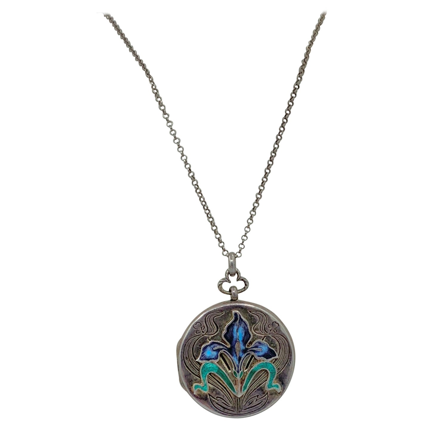 Enamel Iris Flower Locket Necklace Antique Art Nouveau Sterling Silver AML For Sale