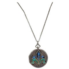 Enamel Iris Flower Locket Necklace Vintage Art Nouveau Sterling Silver AML