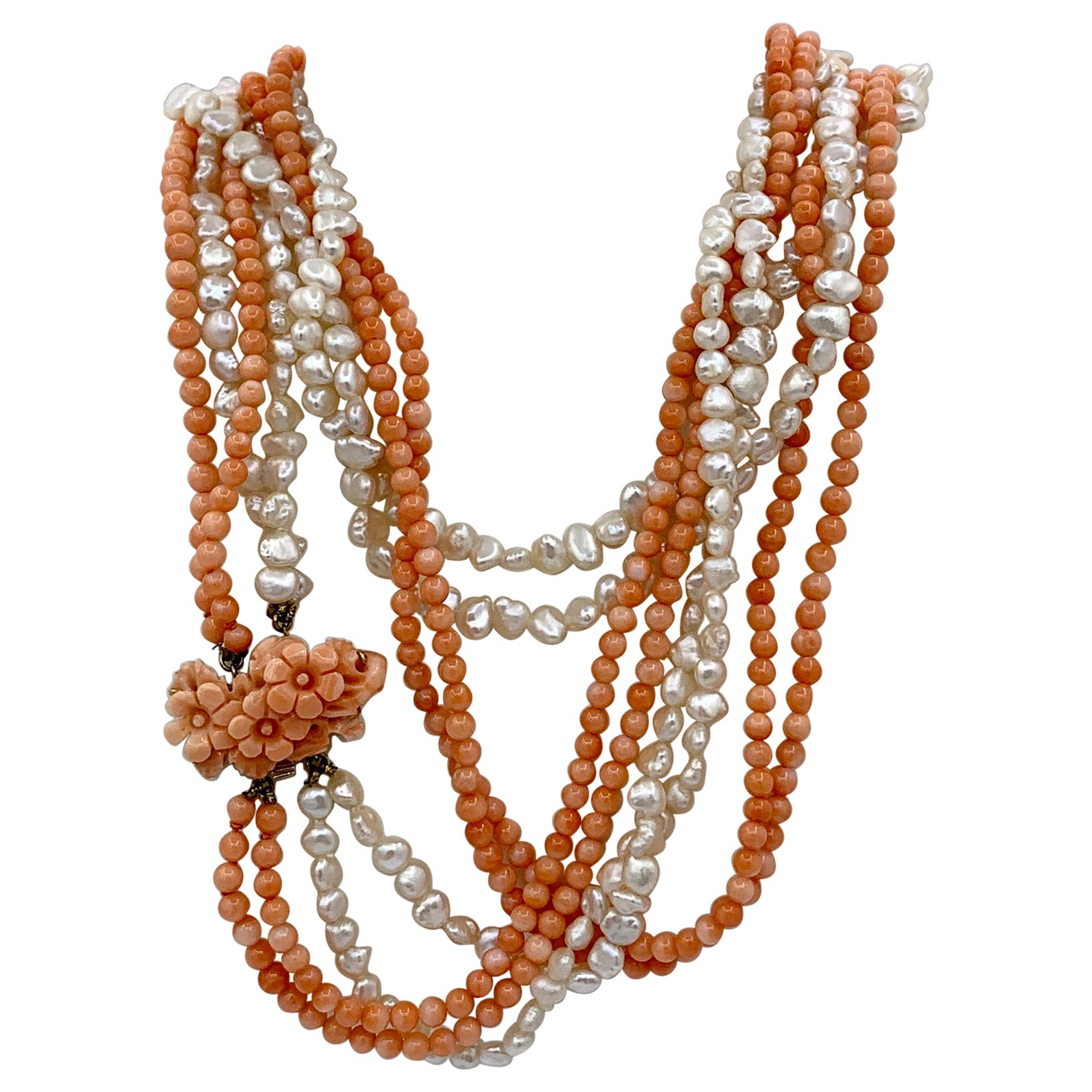 32 Inch Coral Flower Pearl Necklace 14 Karat Gold 4 Strand Hand Carved For Sale