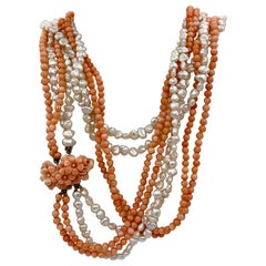Vintage 32 Inch Coral Flower Pearl Necklace 14 Karat Gold 4 Strand Hand Carved