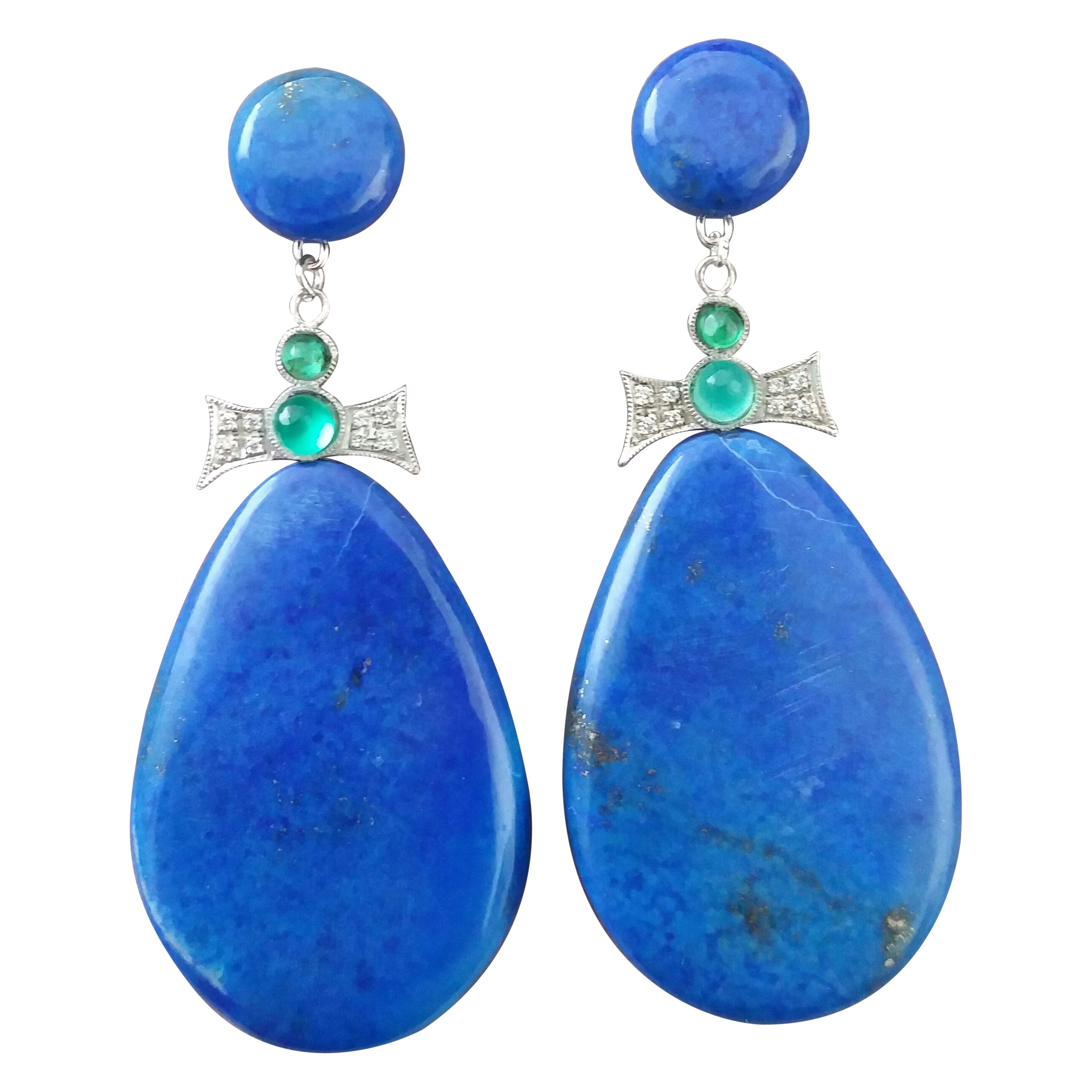 Art Deco Style 14K Gold Emerald Cabs Diamonds Natural Lapis Lazuli Drop Earrings For Sale