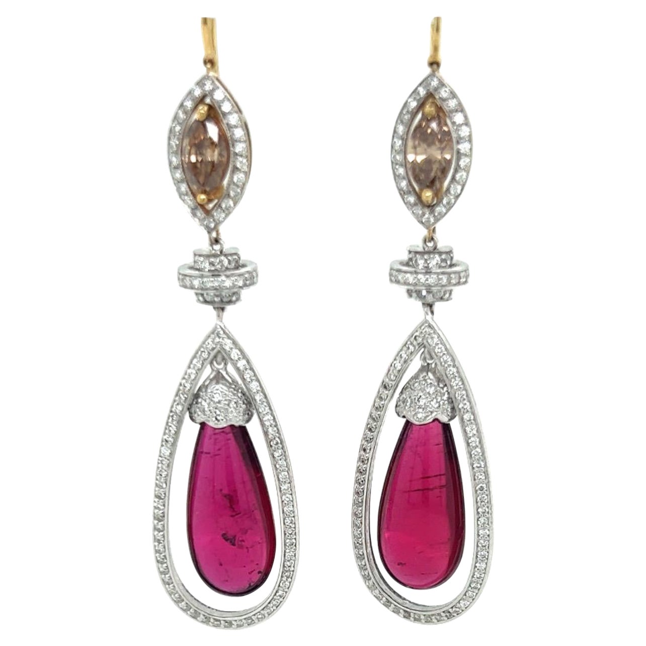 20tct Drop Rubellite Earrings in 18k White and Yellow Gold with Bronze Diamonds For Sale