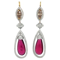 20tct Drop Rubellite Earrings in 18k White and Yellow Gold with Bronze Diamonds