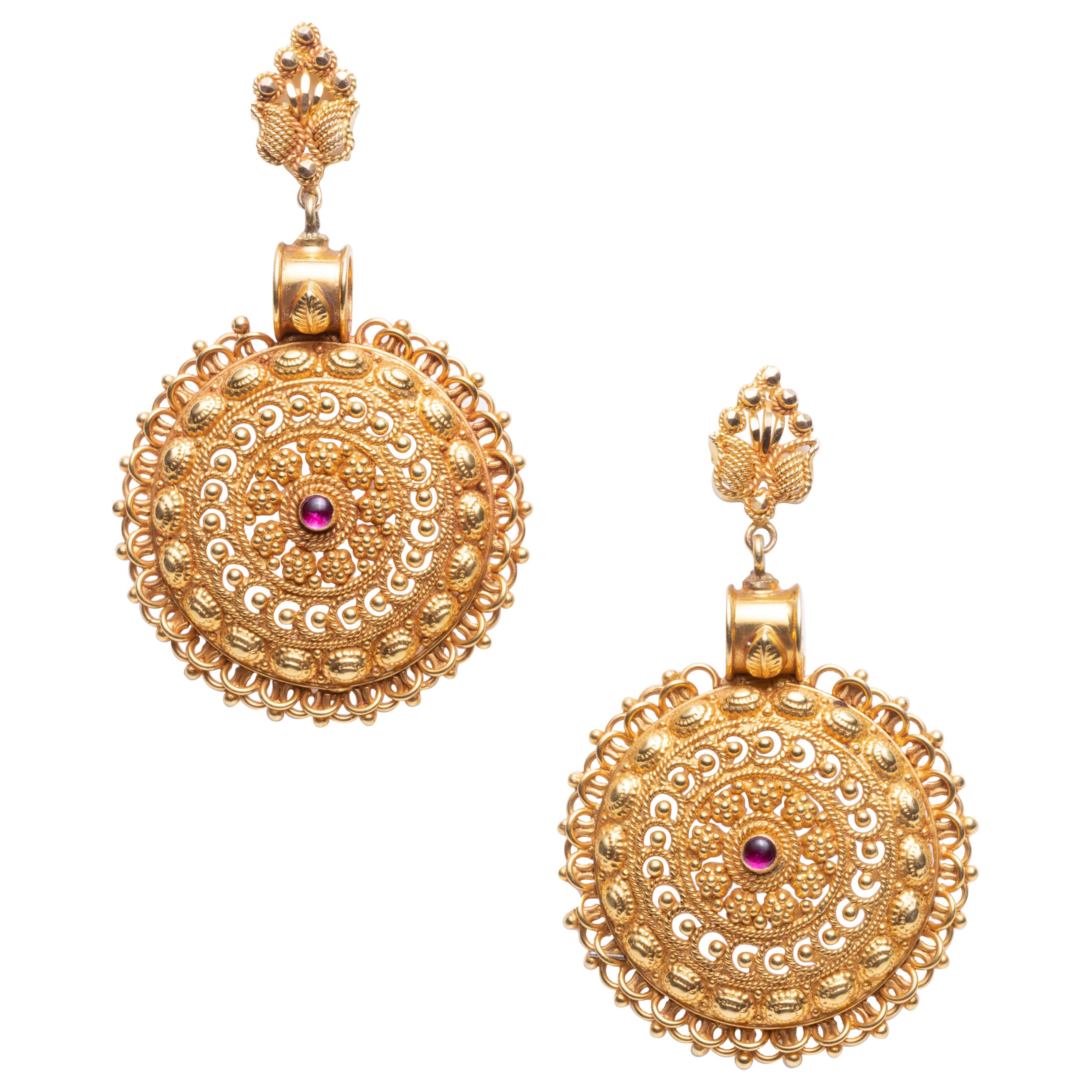 22K Gold and Ruby Medallion Pendant Earrings, India For Sale