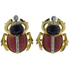 Whimsical Lapis Rhodochrosite Diamond Gold Beetle Earrings