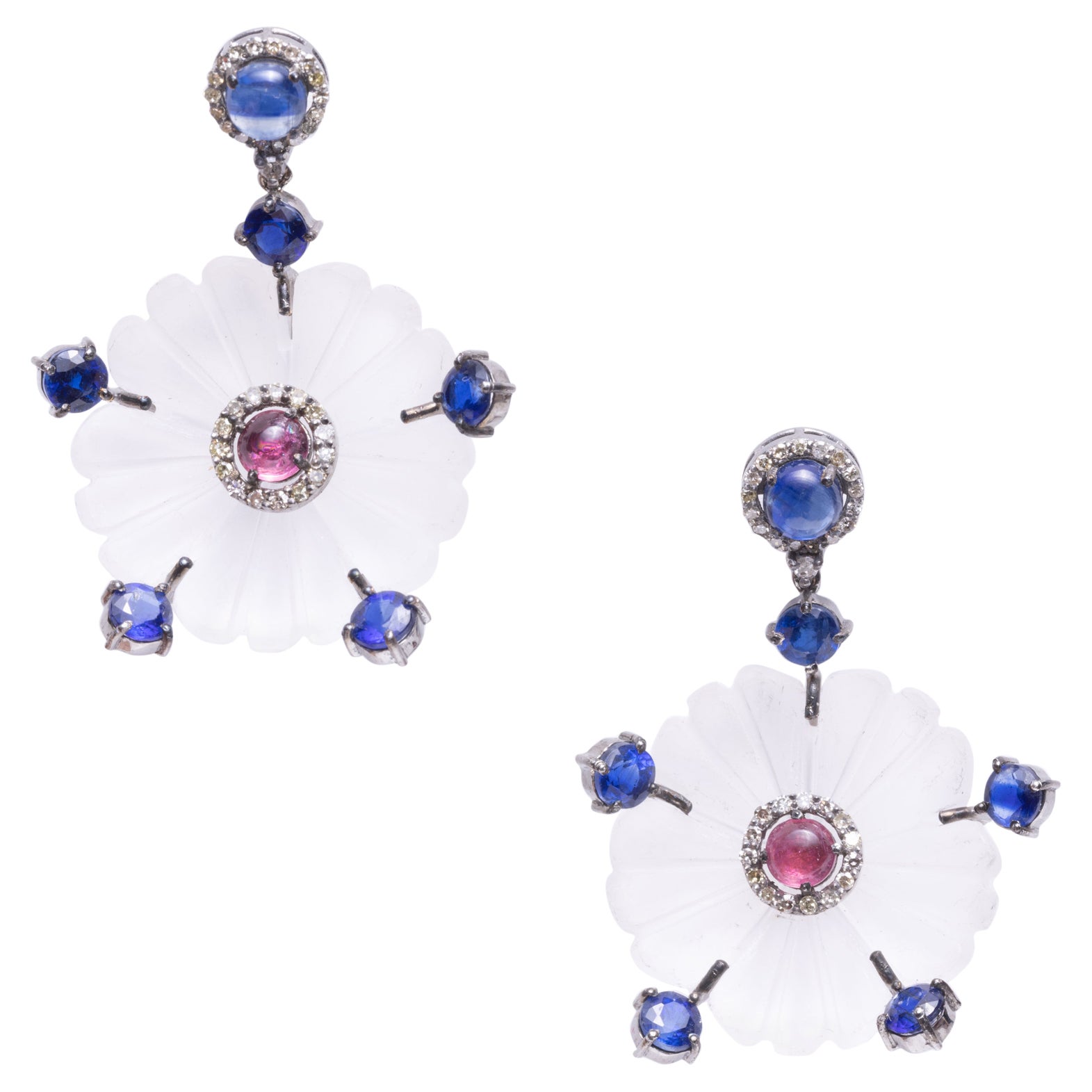 Boucles d'oreilles chandelier en cristal, Kyanite, tourmaline rose et diamant