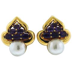 Vasari Large Amethyst Pearl Gold Earrings