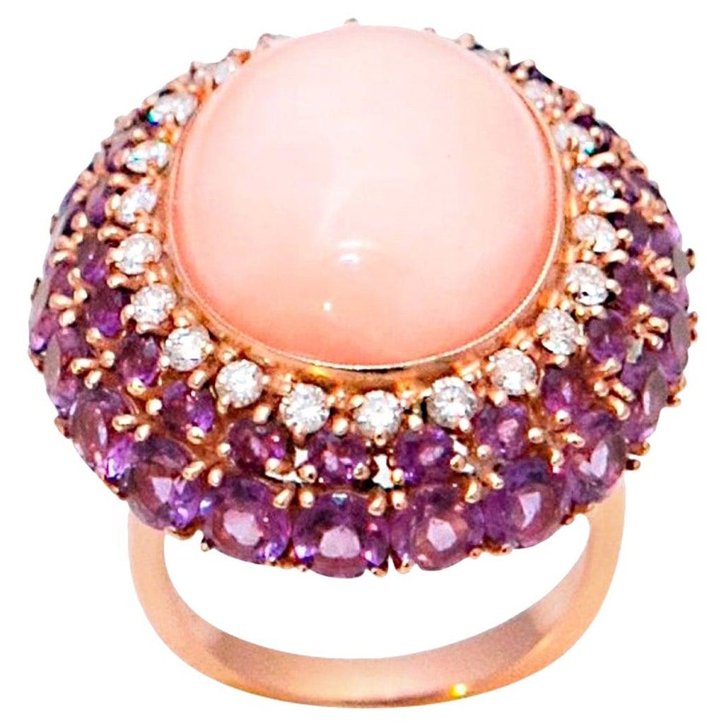 Pink Coral Amethyst Diamonds 18 Karat Yellow Gold Cocktail Ring