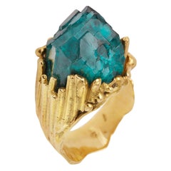 Vintage One of a Kind Roland Schad Rough Dioptase 18 Carat Yellow Gold Granite Ring