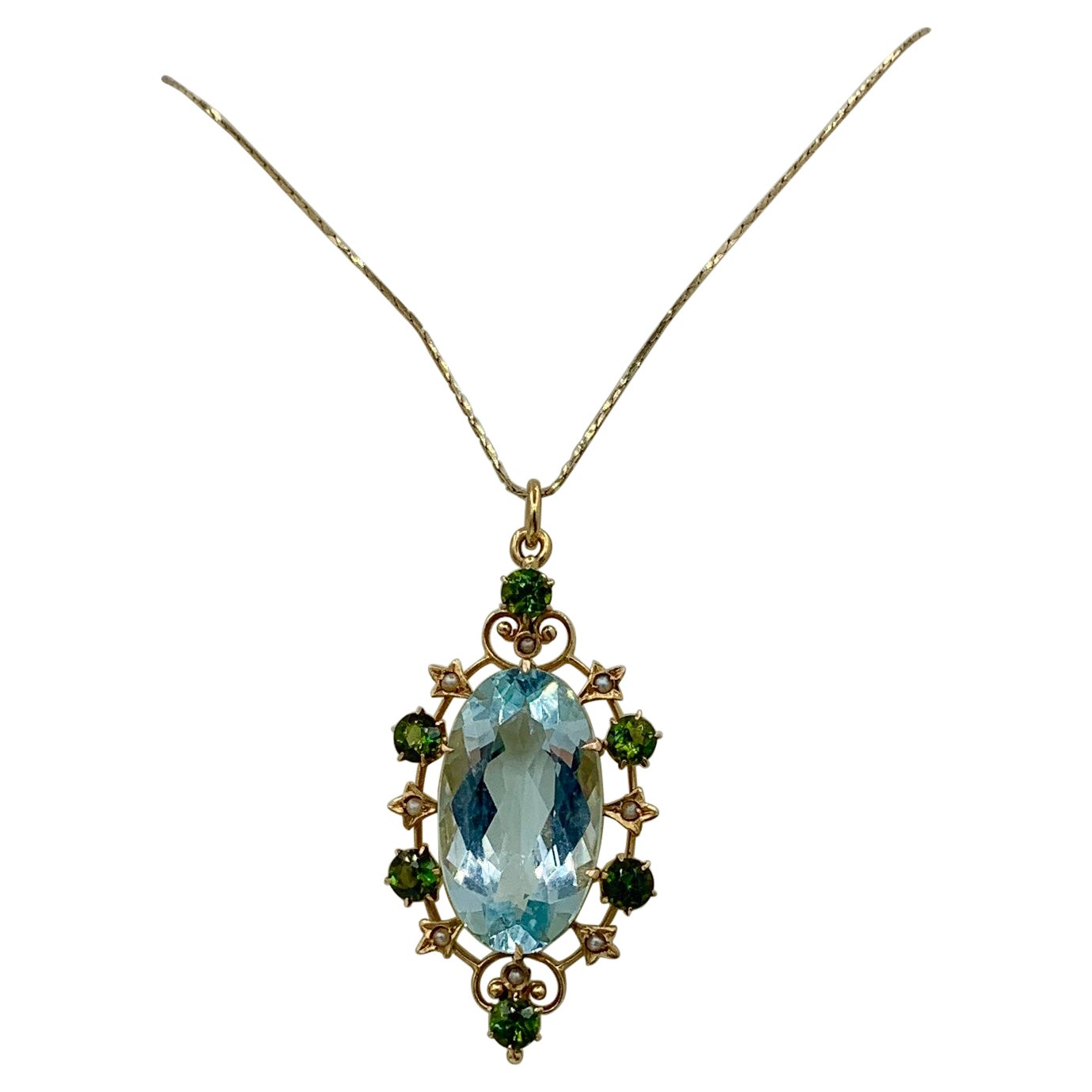 Collier pendentif Art déco en or 14 carats avec aigue-marine verte et tourmaline de 15 carats