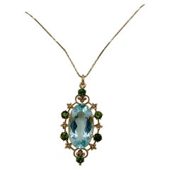 Antique 15 Carat Aquamarine Green Tourmaline Pendant Necklace Art Deco 14 Karat Gold