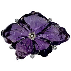 Art Deco Siberian Amethyst Flower Old Mine Diamond Brooch Antique 14 Karat Gold