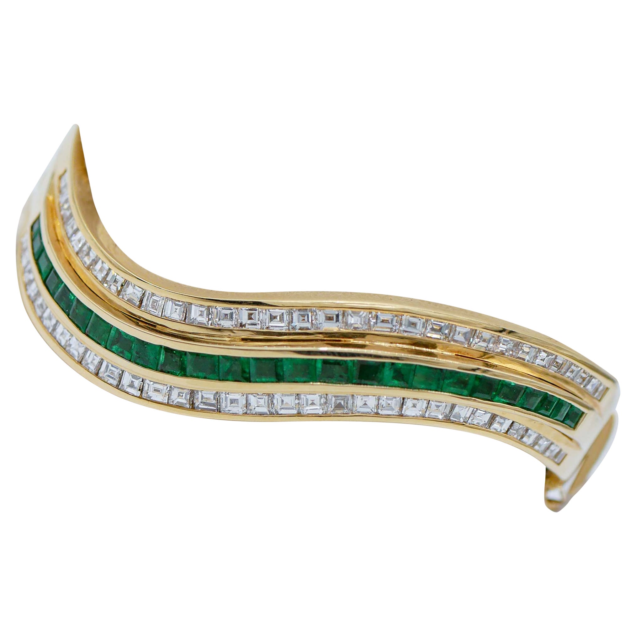 Emeralds, Diamonds 18Kt Yellow Gold Clamper Bracelet For Sale