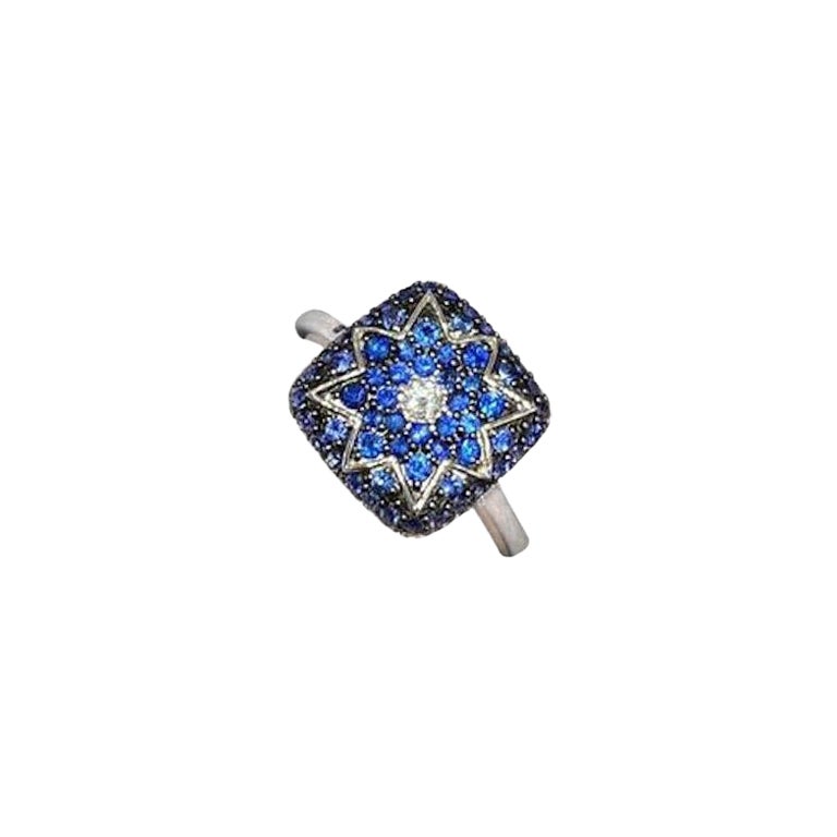 Stylish Star Blue Sapphire White Diamond White Gold Ring for Her For Sale