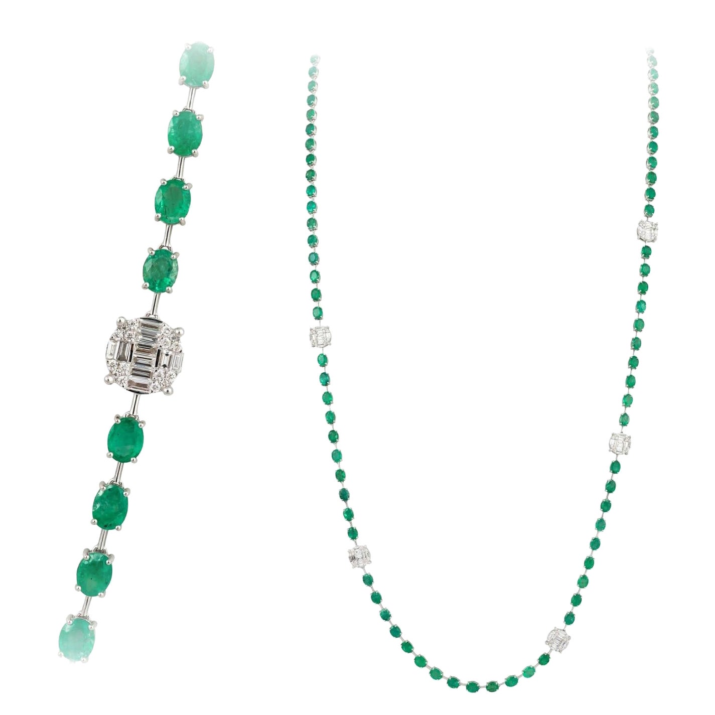 Magnifique collier en or blanc 18 carats avec diamants et émeraudes vertes de 30,08 carats pour elle