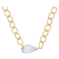 Pear Aquamarine Paperclip Link Chain Necklace 14k Italian Yellow