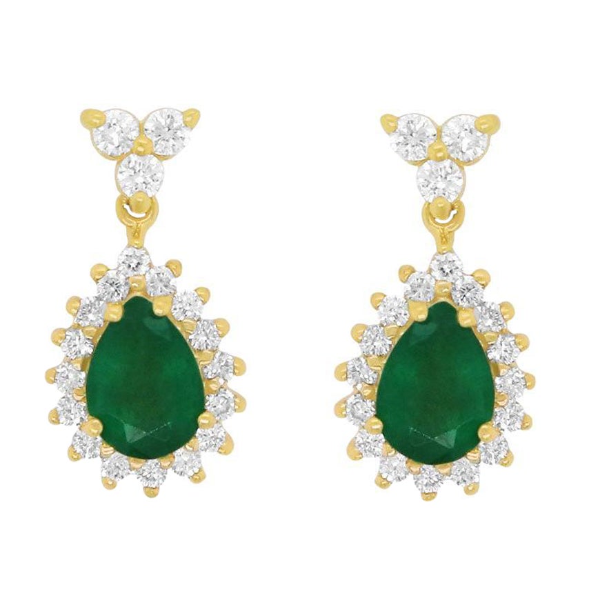 Pear Emerald Dangle Fashion Earrings Round Diamonds 14K Yellow Gold For Sale