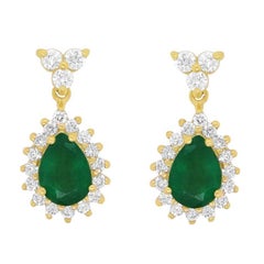 Pear Emerald Dangle Fashion Earrings Round Diamonds 14K Yellow Gold