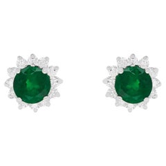 Round Emerald Diamond Halo Classic Stud Fashion Earrings 14K White Gold