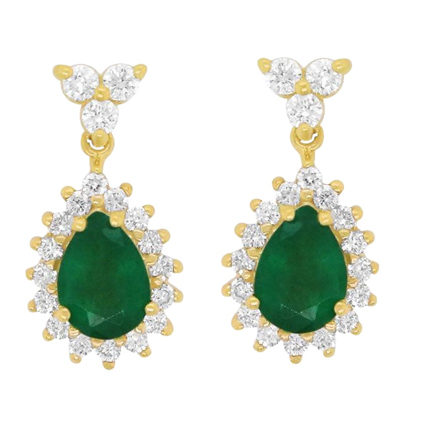 Pear Emerald Halo Round Diamond Dangle Earrings 14K Yellow Gold For Sale