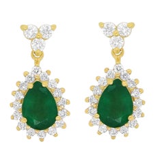 Pear Emerald Halo Round Diamond Dangle Earrings 14K Yellow Gold