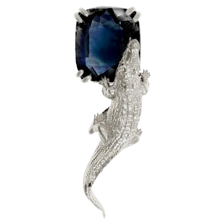 Eighteen Karat White Gold Contemporary Brooch with Emerald or Sapphire For Sale