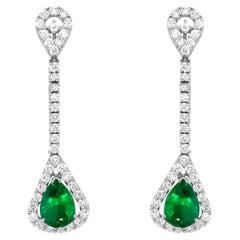 Pear Emerald Drop Dangle Earrings Round Diamonds 14K White Gold Contemporary