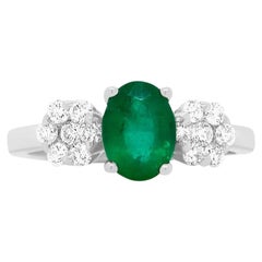 Oval Emerald Brilliant White Round Diamond Ring 14K White Gold