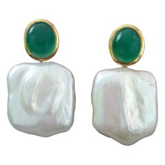Oval Green Onyx Cabs 14 Kt Yellow Gold Bezel Square Baroque Pearls Stud Earrings