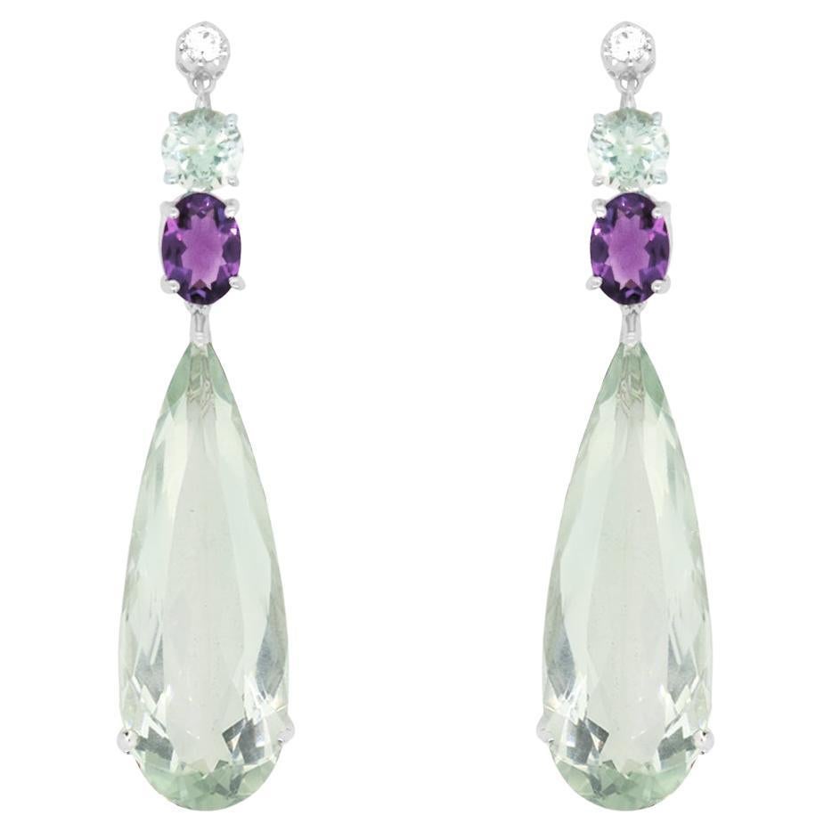 Green Purple Amethyst Pear Bold Drop Dangle Chandelier Earrings 14K White Gold For Sale
