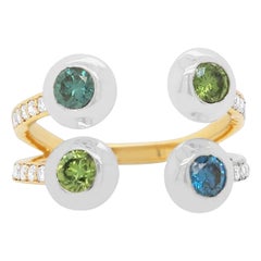 Round Blue and Green Diamond Bezel Fashion 14k White Yellow Gold Two Tone Ring