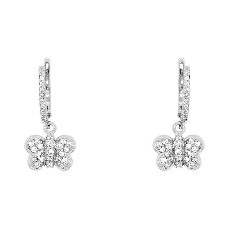 Round Brilliant Diamond Drop Dangle Butterfly Huggie Earrings 14K White Gold