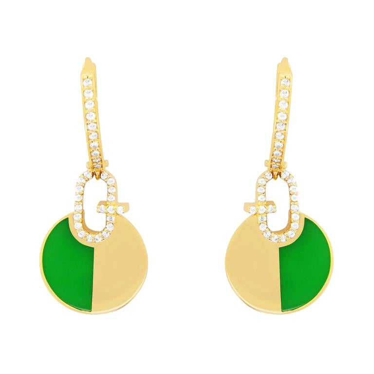 Green Enamel Round Diamond Dangle Drop Geometric Earrings 14K Yellow Gold