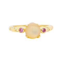 Round Opal Purple Sapphire White Diamond Fashion Three Stone Ring 14K Yellow