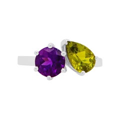 Two Stone Pear Peridot Round Shaped Amethyst 14k White Gold Ring