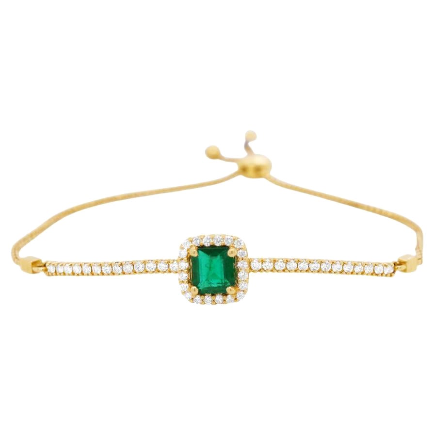 Princess Emerald Diamond Halo Tennis Bolo Adjustable Bracelet 14k Yellow Gold For Sale
