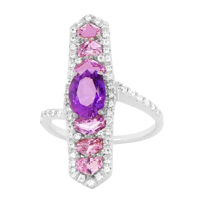 Oval Purple Pink Sapphire Art Deco Hexagon Long Shield Cocktail Ring 18K Gold For Sale