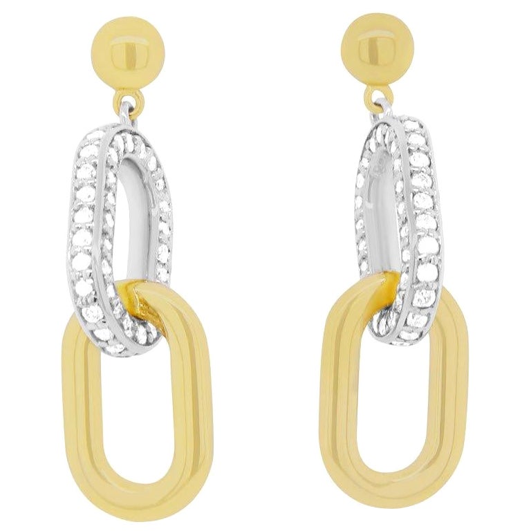 Paperclip Link Diamond Dangle Drop Earrings 14K Gold Two Tone White Yellow  For Sale