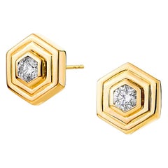 Syna Yellow Gold Double Bezel Hex Earrings with Diamonds